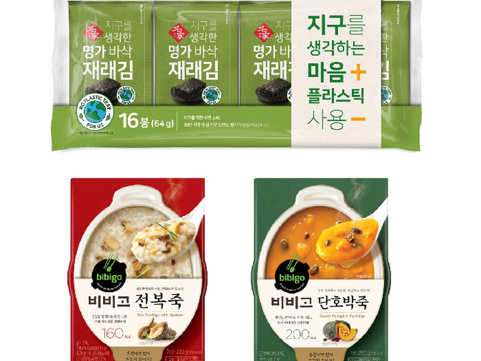 CJ제일제당이 친환경 경영의 일환으로 트렌드에 맞춰 도시락김과 용기죽에 각각 트레이와 일회용 수저를 제거해 판매할 예정이라고 밝혔다. 사진ㅣCJ제일제당