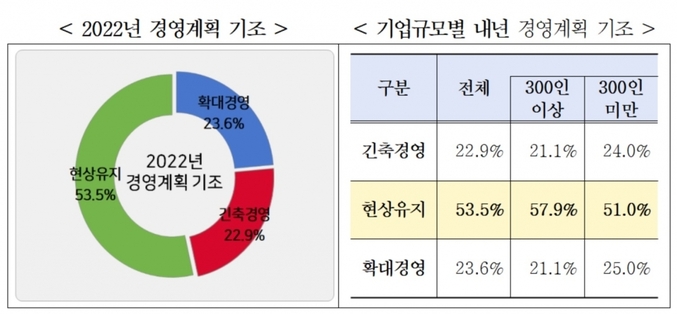 한국경영자총협회가 공개한 2022년 기업 경영전망 조사에 따르면, 조사 기업의 절반 가량은 내년 경영에 대해 현상유지를 진행한다고 밝혔다. 사진ㅣ한국경영자총협회