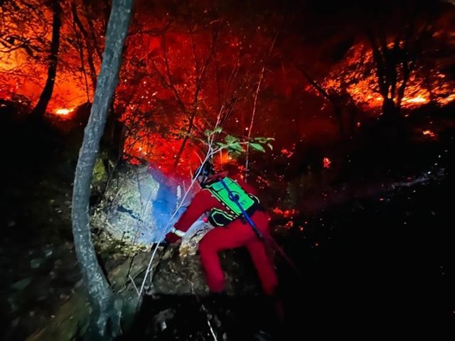 산림청 산림항공본부 공중진화대원들이 경북 울진군 근남면에서 야간 산불 진화작업을 펴고 있다. 사진 ㅣ 산림청