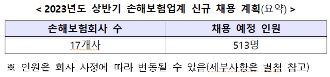손해보험업계는 .20일 금융위원회 주재로 진행된 「금융권 청년 일자리 간담회」를 통해 2023년 상반기 중 500여명의 청년 일자리를 신규로 창출할 예정이라고 밝혔다. 자료 ㅣ 손해보험협회