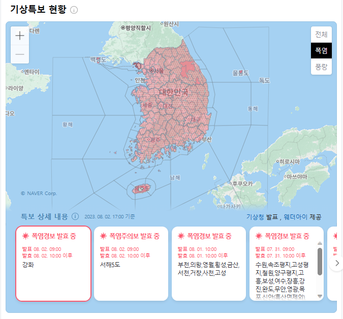 장마가 끝나고 본격적인 불볕 더위가 계속되고 있다. 연일 숨쉬기조차 힘든 폭염에 온열질환자가 급증하고 사망자도 잇달아 발생하고 있다. 온열질환에 목숨을 잃는 사례가 잇따르고 정부의 폭염 위기 경보 수준도 가장 높은 '심각' 단계로 상향되자 지자체들과 공공기관은 비상이 걸렸다. 자료 ㅣ 기상청