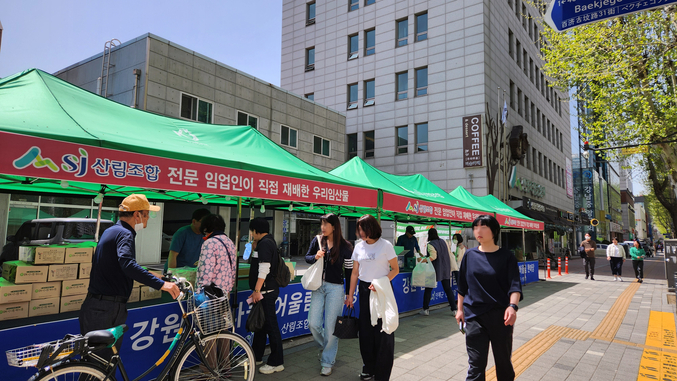 서울 송파구 석촌호수로 166에 위치한 산림조합중앙회 청사 옆 부지에서 국산임산물 판로 지원행사가 열리고 있다. 사진 | 산림조합중앙회
