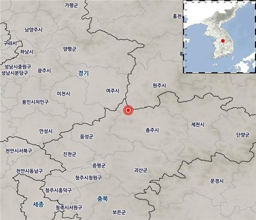 기상청은 7일 오전 2시 35분께 충북 충주시 북서쪽 22km 지역에서 규모 3.1의 지진이 발생했다고 밝혔다. 지진이 발생한 충북 충주시 북서쪽 22㎞ 지역. 자료 ㅣ 기상청