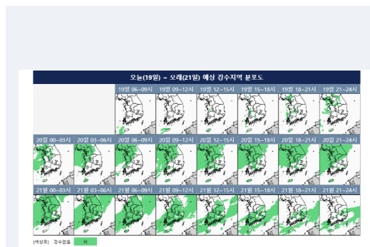 19일 오후 서쪽 지역부터 비가 내리기 시작하여, 내일과 모레 전국 대부분 지역에 비가 내리겠다. 19일은 전국이 대체로 맑다가 차차 흐려지겠고, 제주도는 흐리겠다. 20일과 21일은 전국이 흐리겠다. 자료 ㅣ 기상청