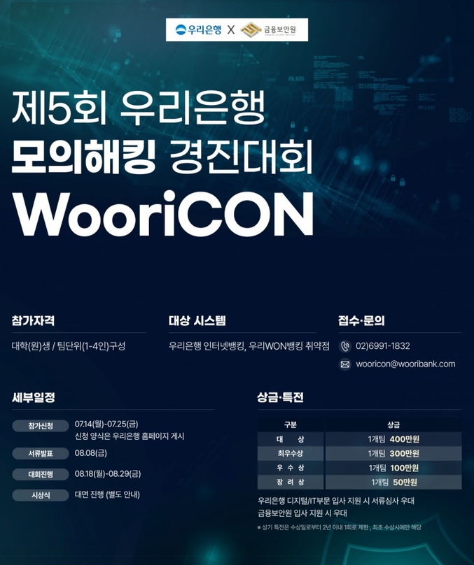 우리은행이 금융보안원(원장 박상원)과 공동으로 ‘제5회 WooriCON 모의해킹 경진대회’를 개최한다. 사진 | 우리은행