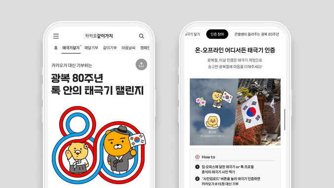 카카오가 광복절 기념 이용자 참여형 기부 캠페인 ‘톡 안의 태극기 챌린지’를 오는 8월 17일까지 진행한다. 사진 | 카카오